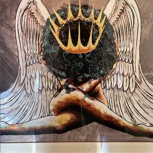 Crowned Angel Afro Art Print - Black, Gold, Cream